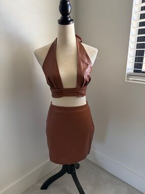Live More Faux Leather Skirt Set - Cognac